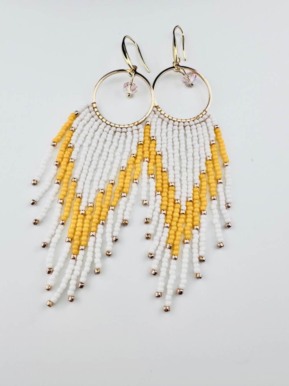 Handcrafted Beaded Fringe Hoop Earrings - Yellow & White